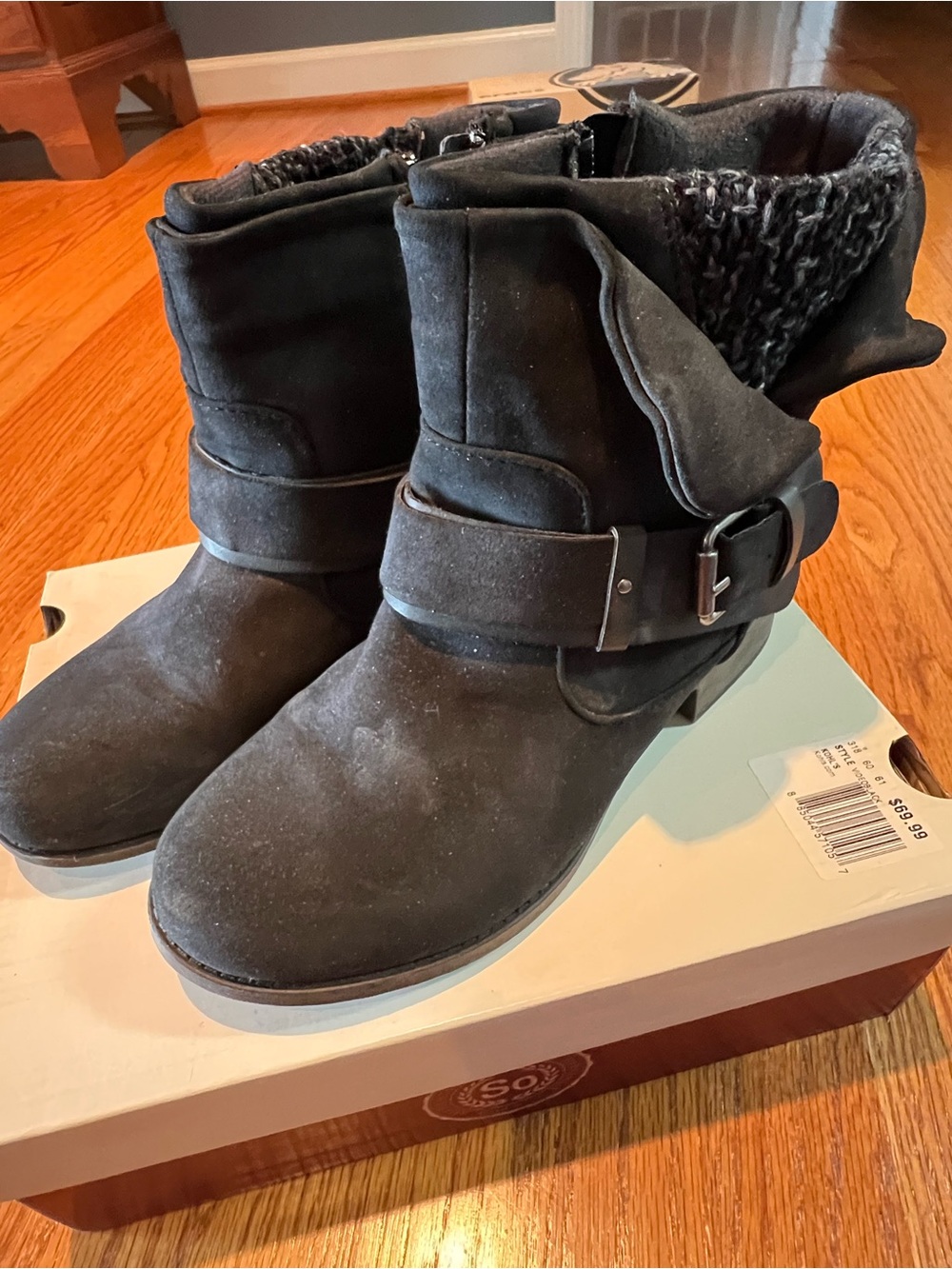 SO Black Knit-Cuff Ankle Boots with Buckle Strap